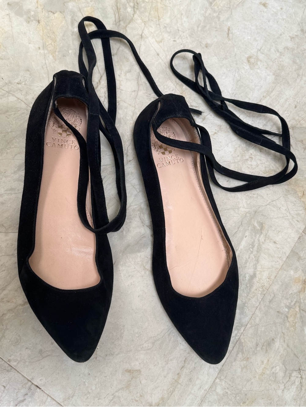 Vince Camuto Lace Up Flats Black Suede  Pointed Toe Ballet Shoes 8.5